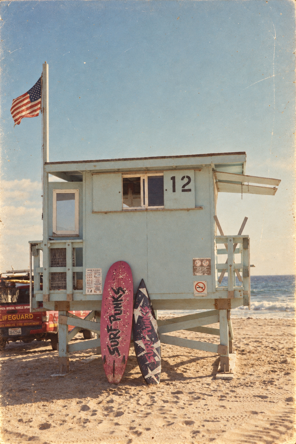 Surf Punks boards outside a Malibu lifeguard tower