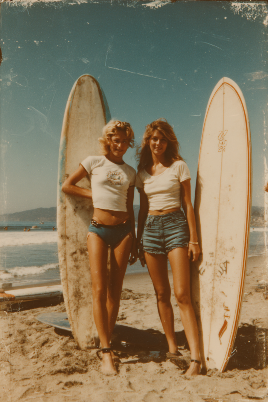 Young women posing with surfboards in Los Angeles in 1976
